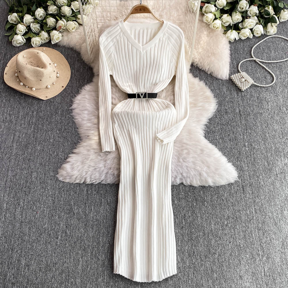 V-neck Elastic Knitted Dress with Belt