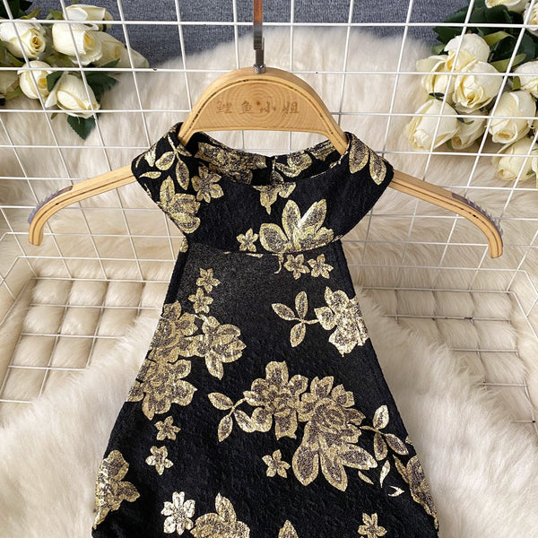 Sexy Gold Stamped Floral Black Dress
