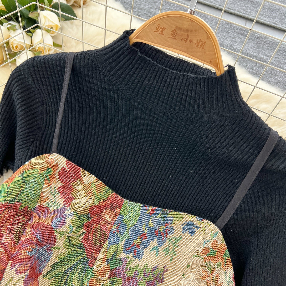 Jacquard Dress&Black Sweater Courtly 2Pcs