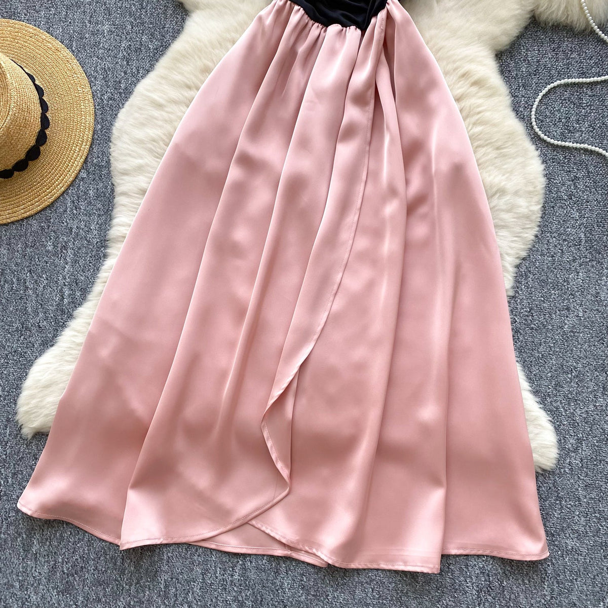 Black & Pink Satin Patchwork Split Dress