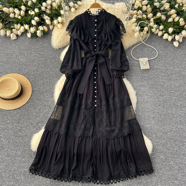 Vintage Lace Patchwork Single-breasted Dress