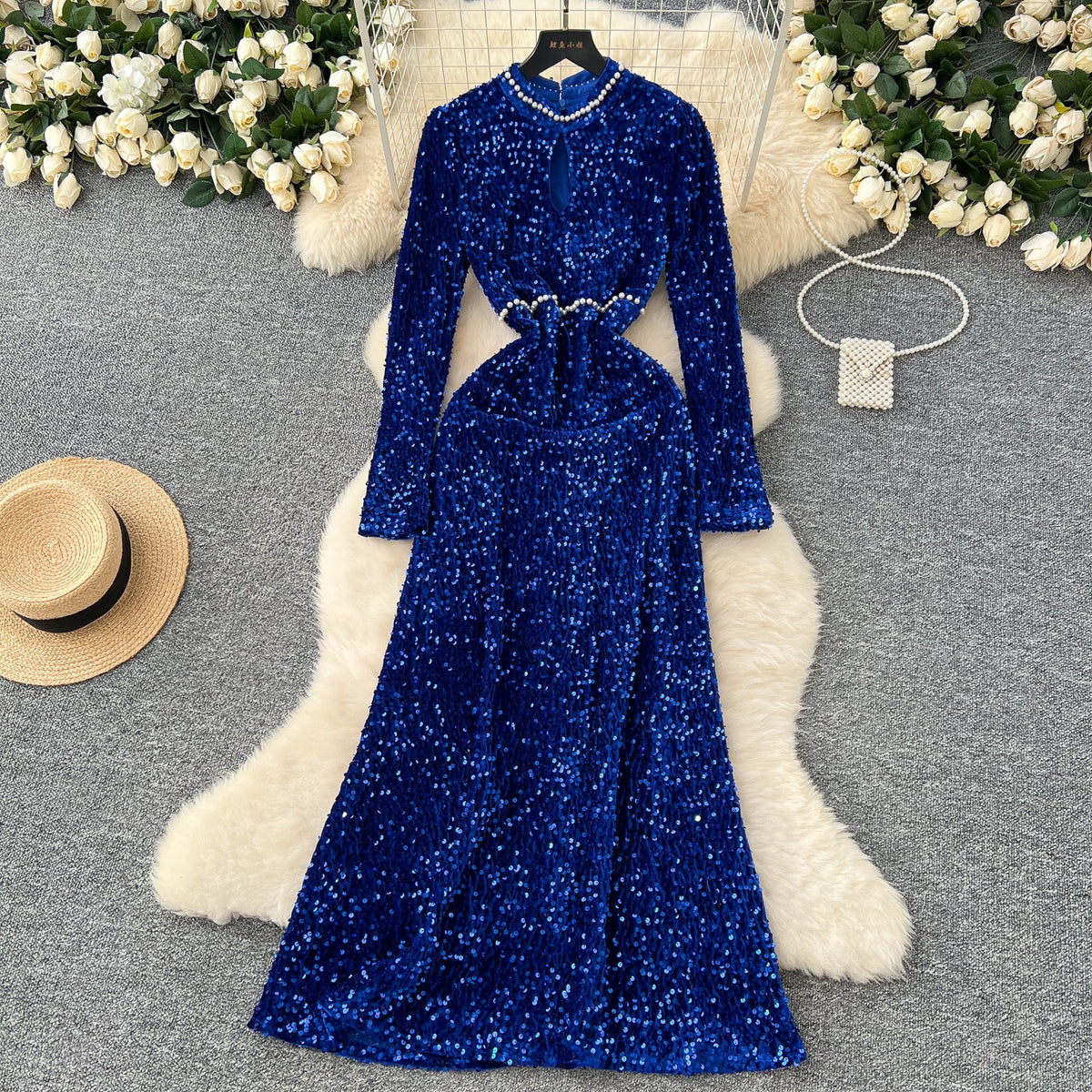 Beaded Collar Sequined Velvet Dress