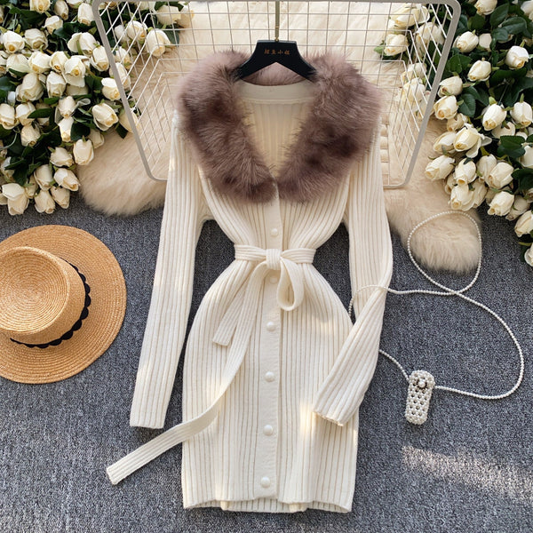 Furry Collar Lace-up Knit Dress