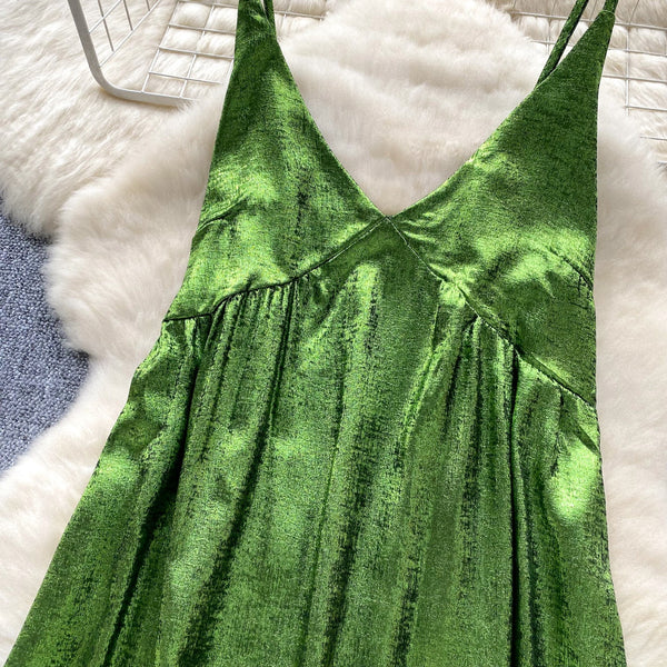 V-neck Glossy Green Slip Dress