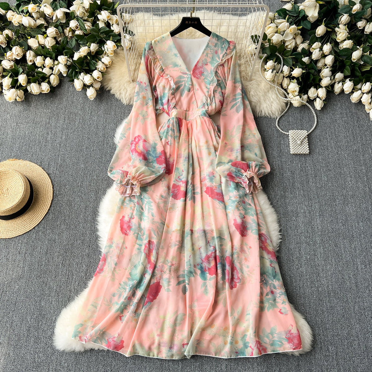 French Style Flared Sleeve Floral Dress