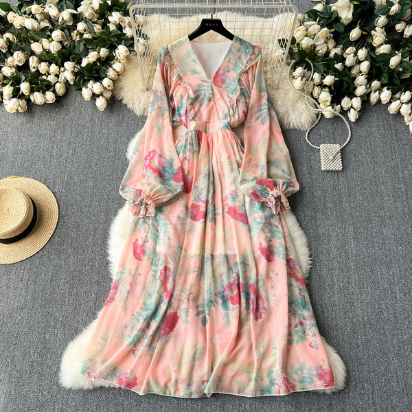 French Style Flared Sleeve Floral Dress