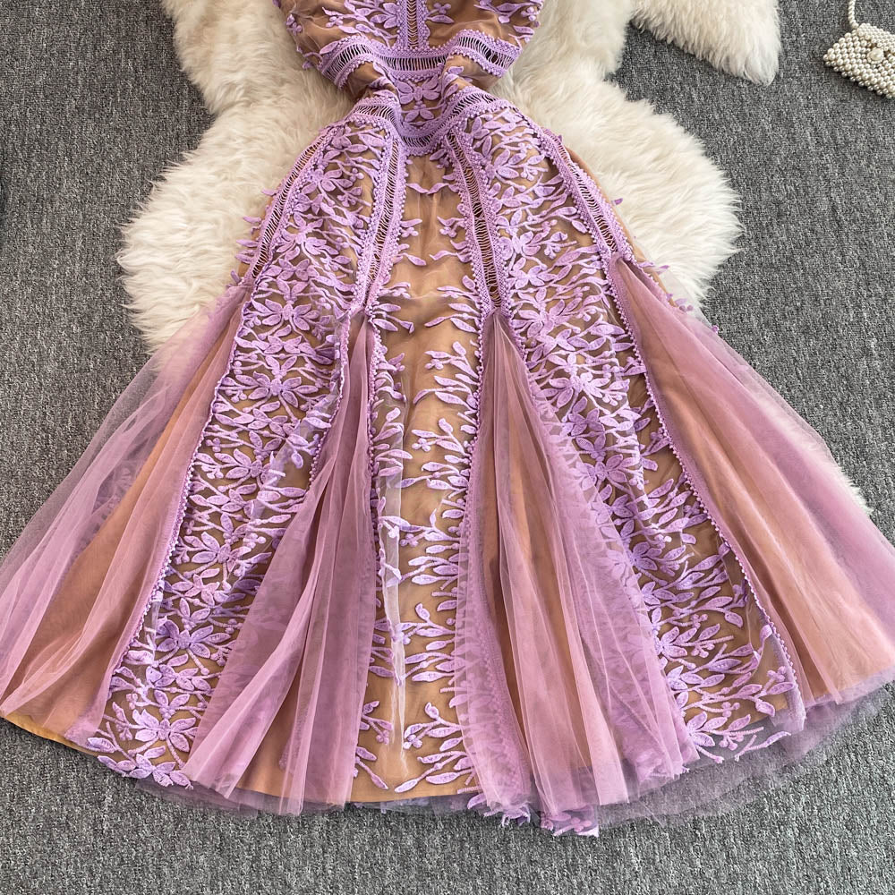 Sleeveless Floral Embroidered Lace Dress