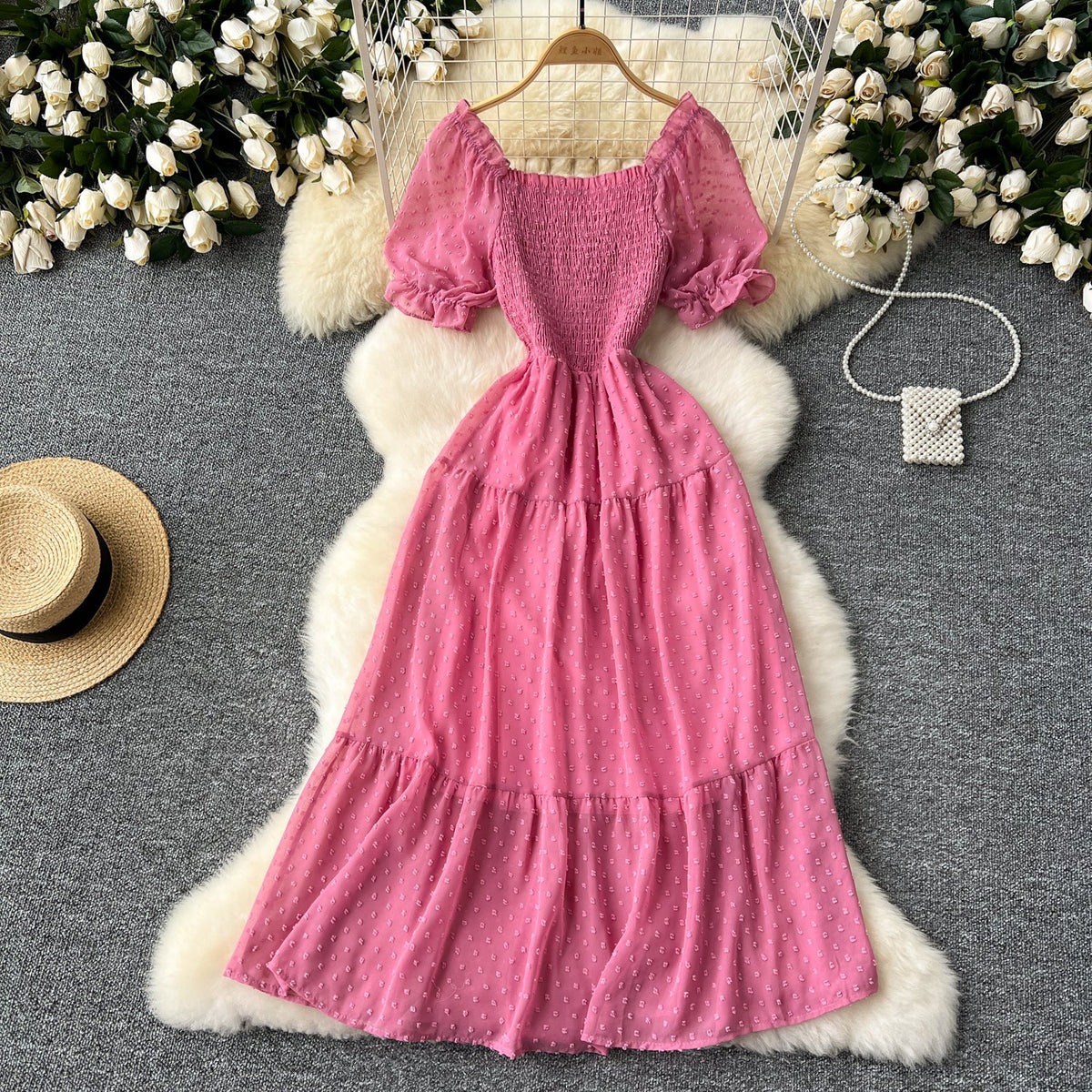 Solid Color Puffy Sleeve Ruffled Dress