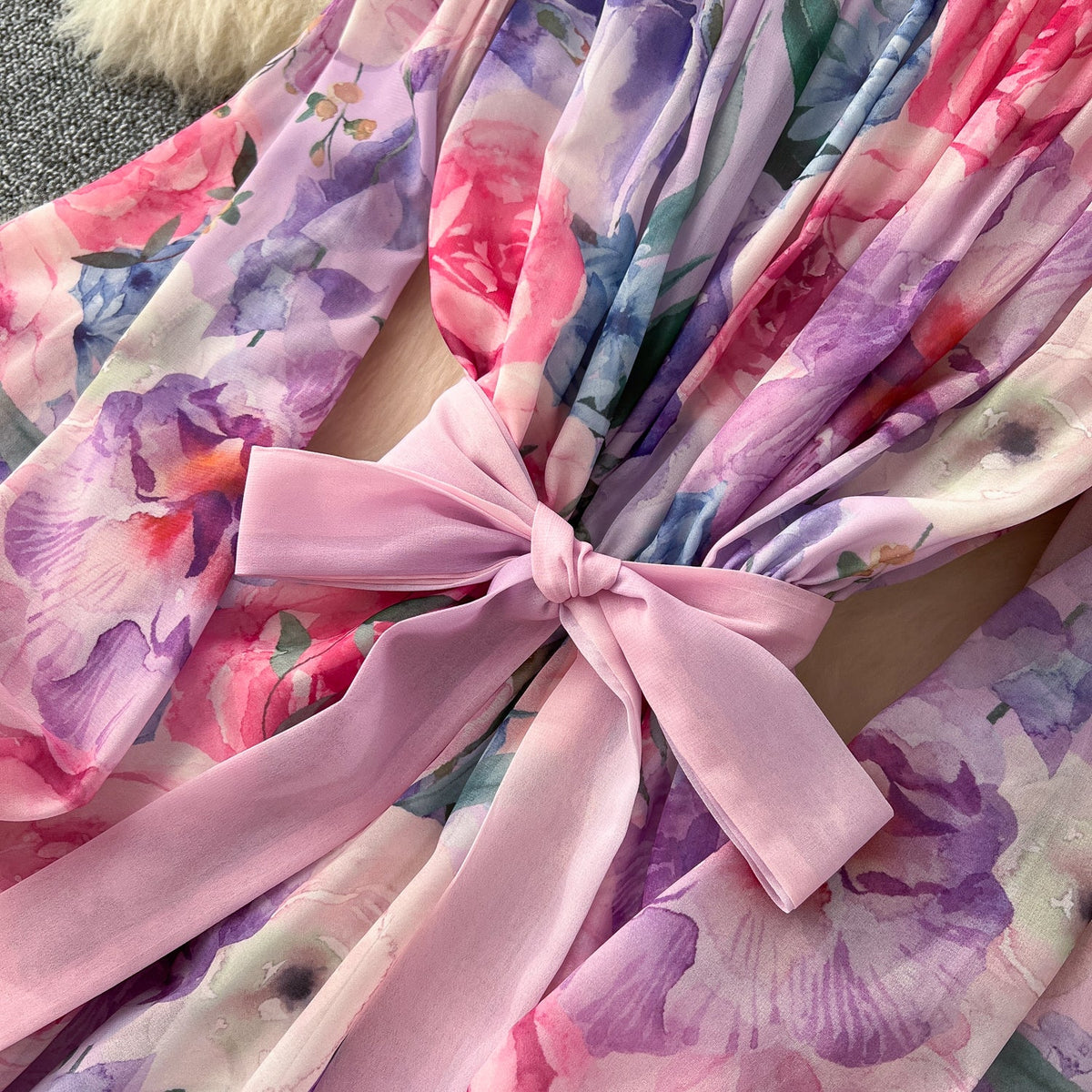 Off-shoulder Lace-up Floral Chiffon Dress