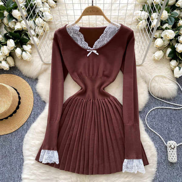 Lace Trim Patchwork Pleated Dress