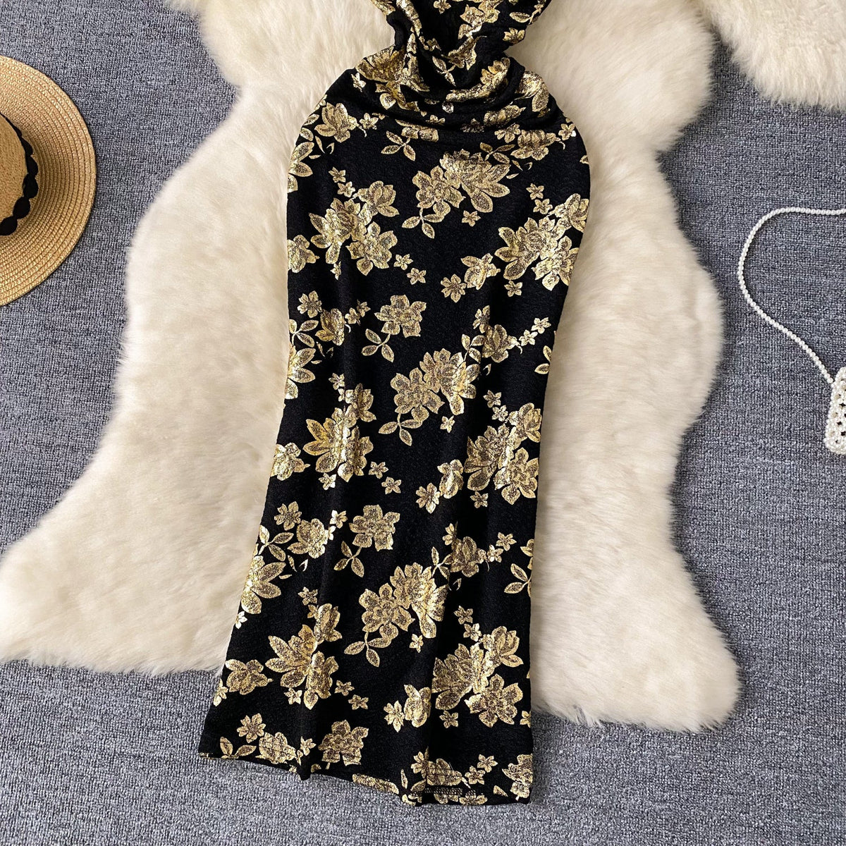 Sexy Gold Stamped Floral Black Dress