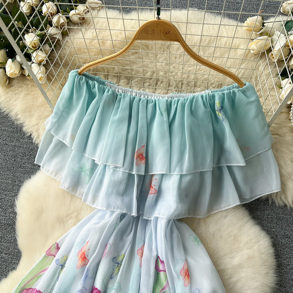Off-shoulder Ruffled Floral Chiffon Dress