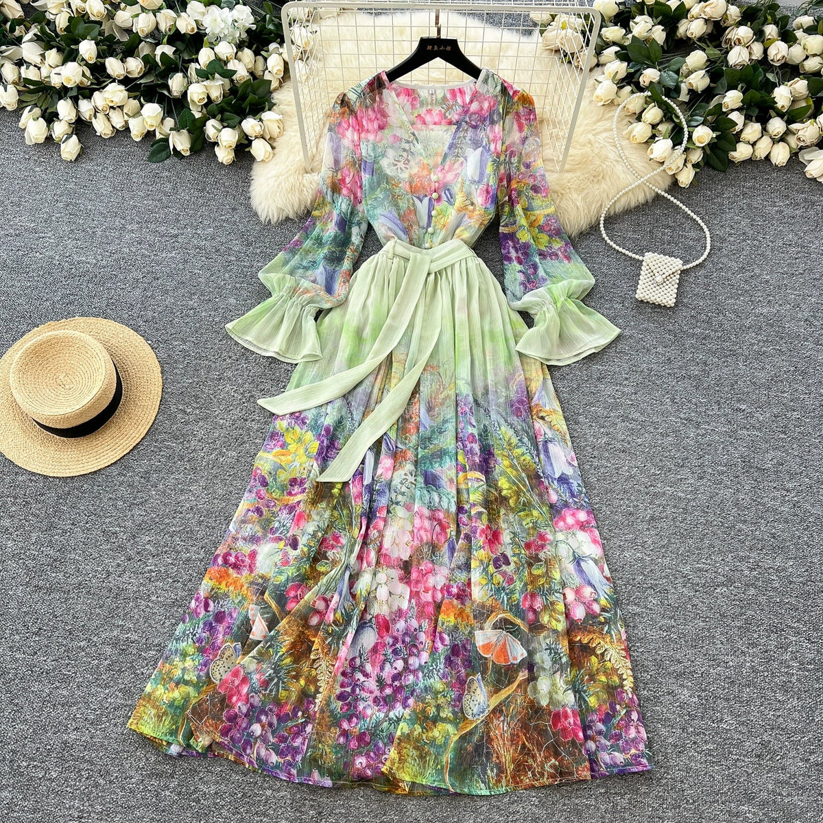Fairy V-neck Floral Chiffon Dress
