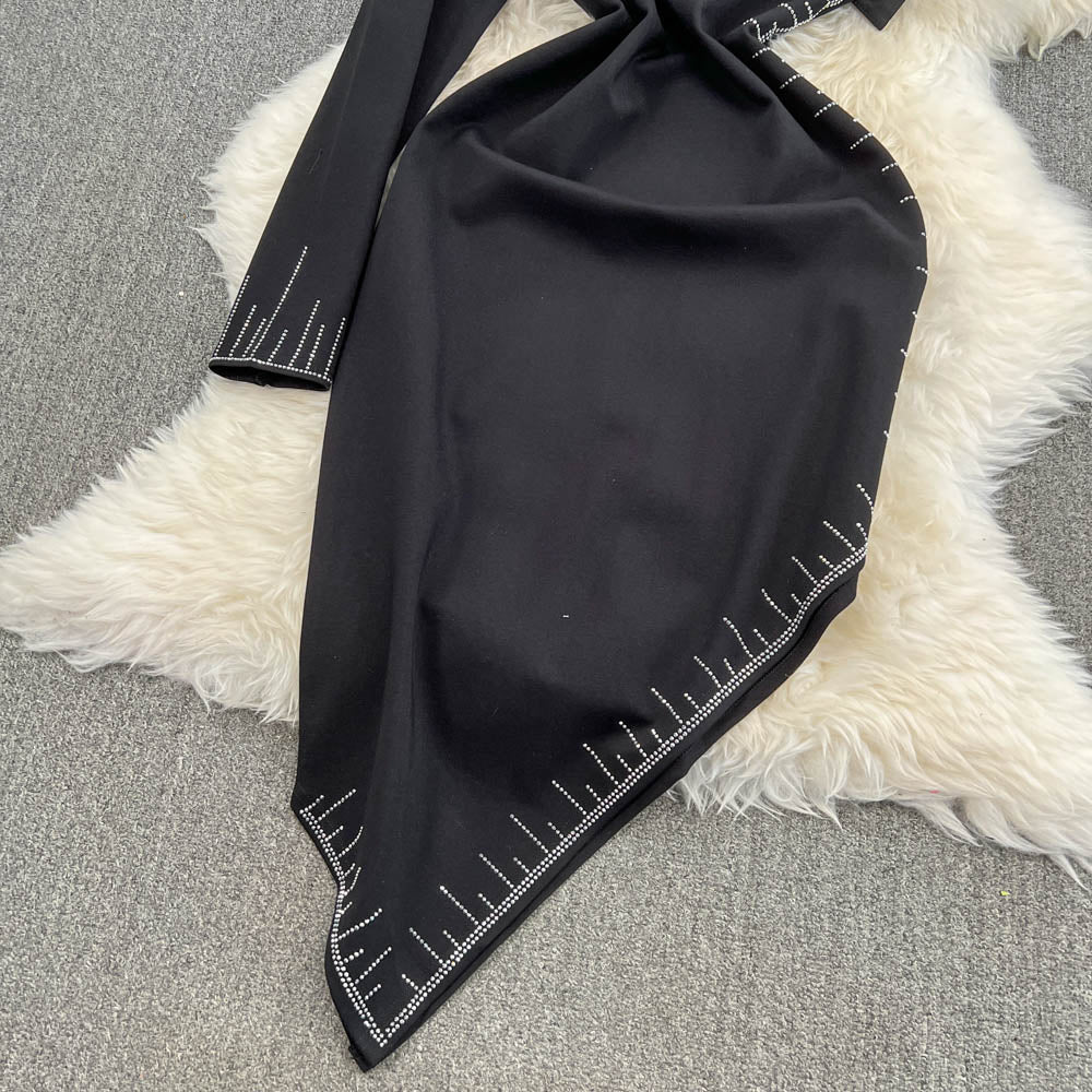 Slant Neckline Asymmetric Black Dress