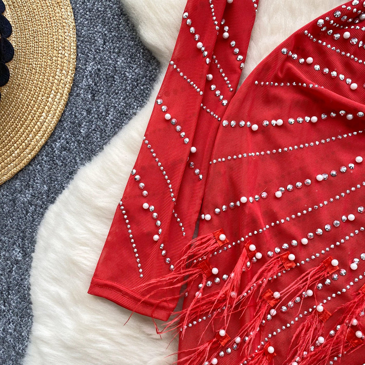 Rhinestone Studded Fringed Mesh Dress