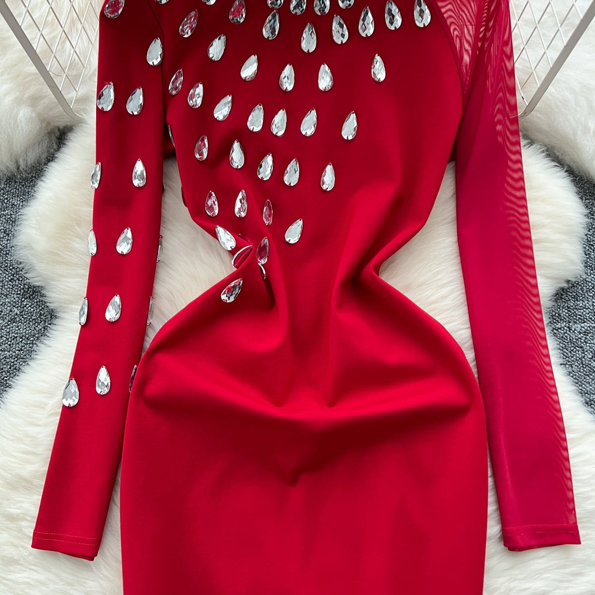 Rhinestone Studded Slim Mesh Dress