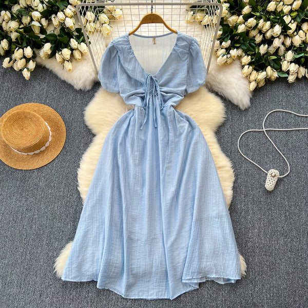 Mori Puffy Sleeve Drawstring Chiffon Dress