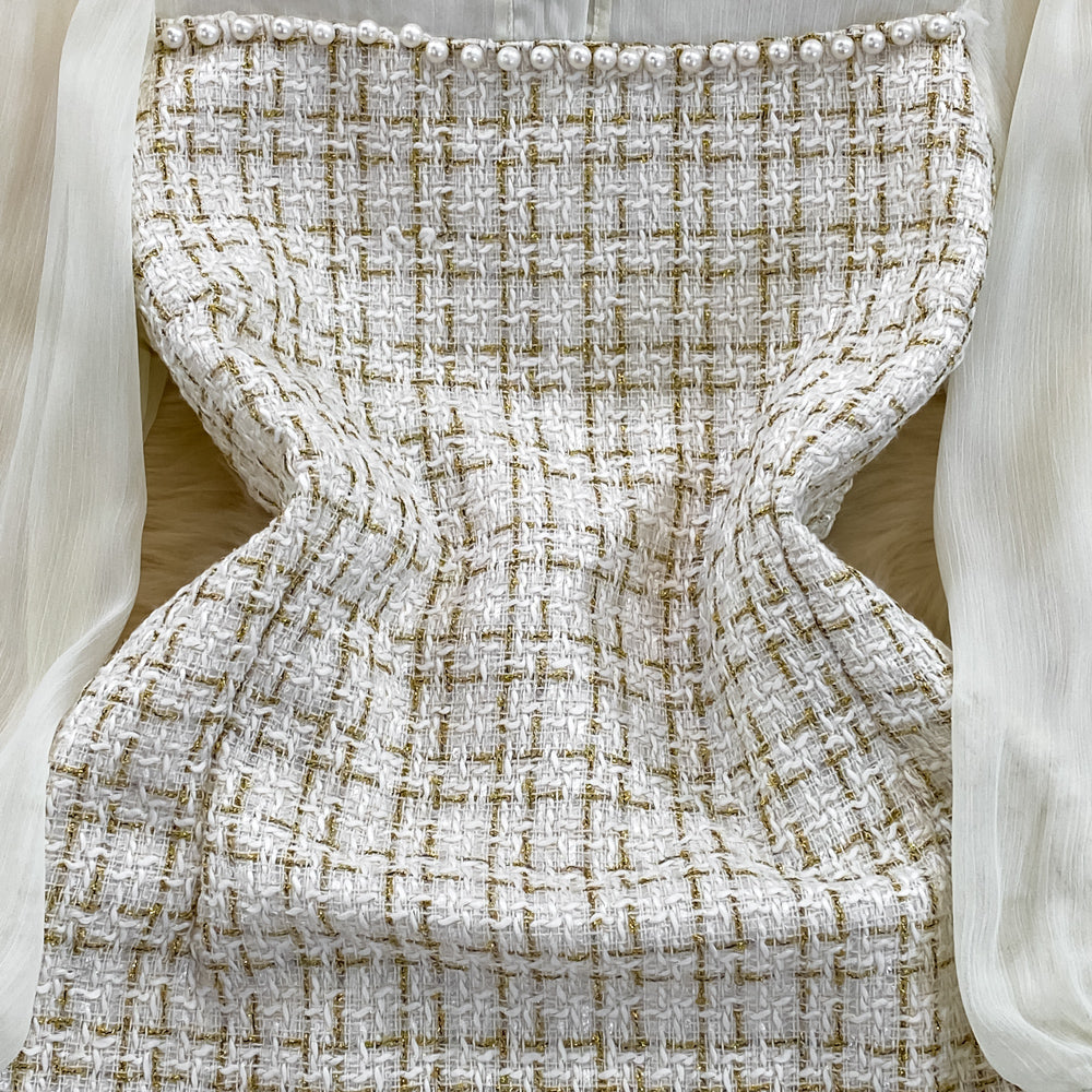 Tweed Patchwork Chiffon Shirt Dress