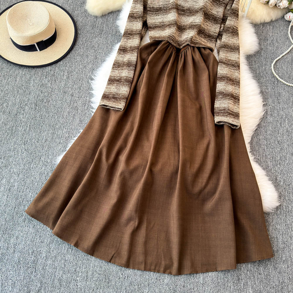 Striped Knitwear&Halter Dress 2Pcs
