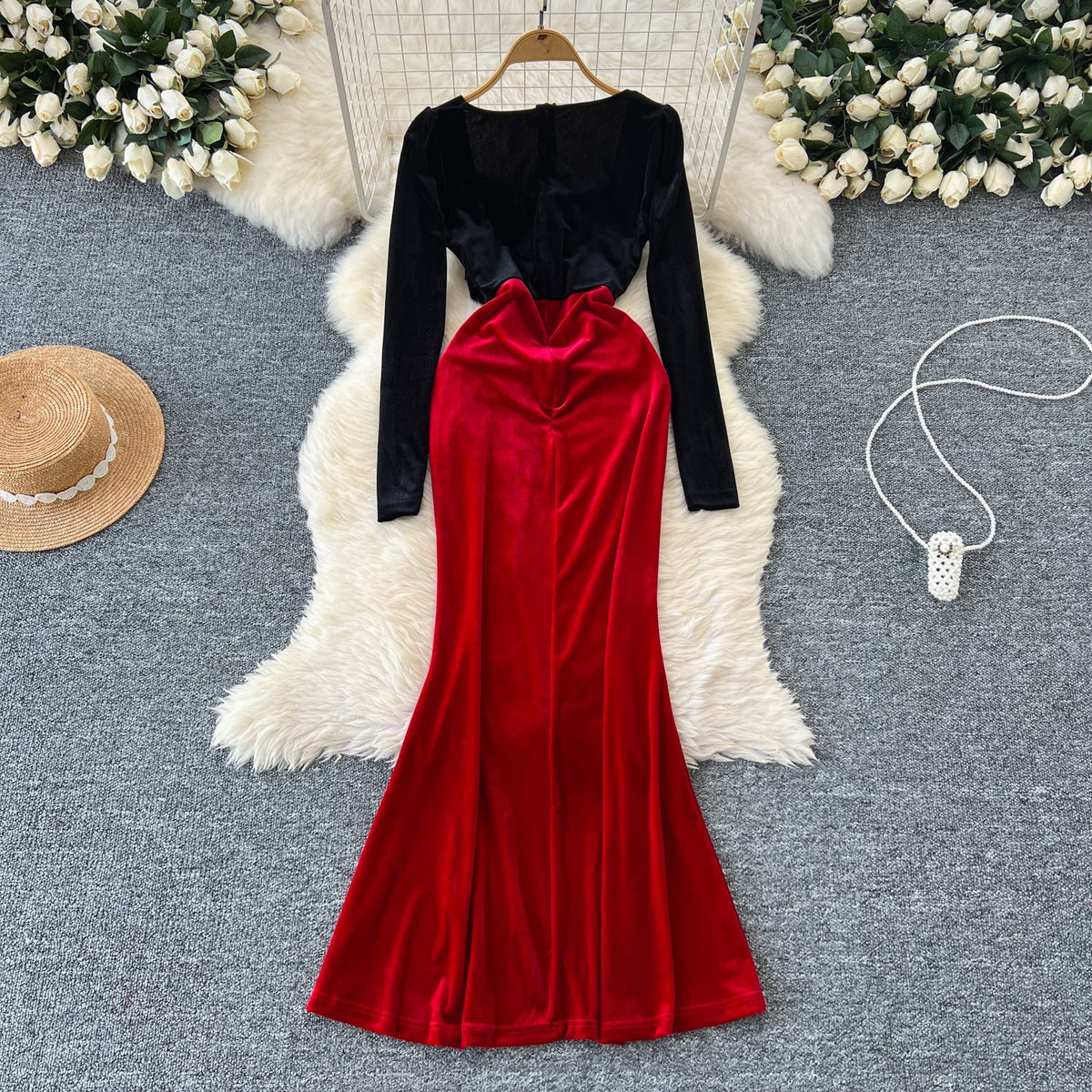 3D Floral Suede Patchwork Dress