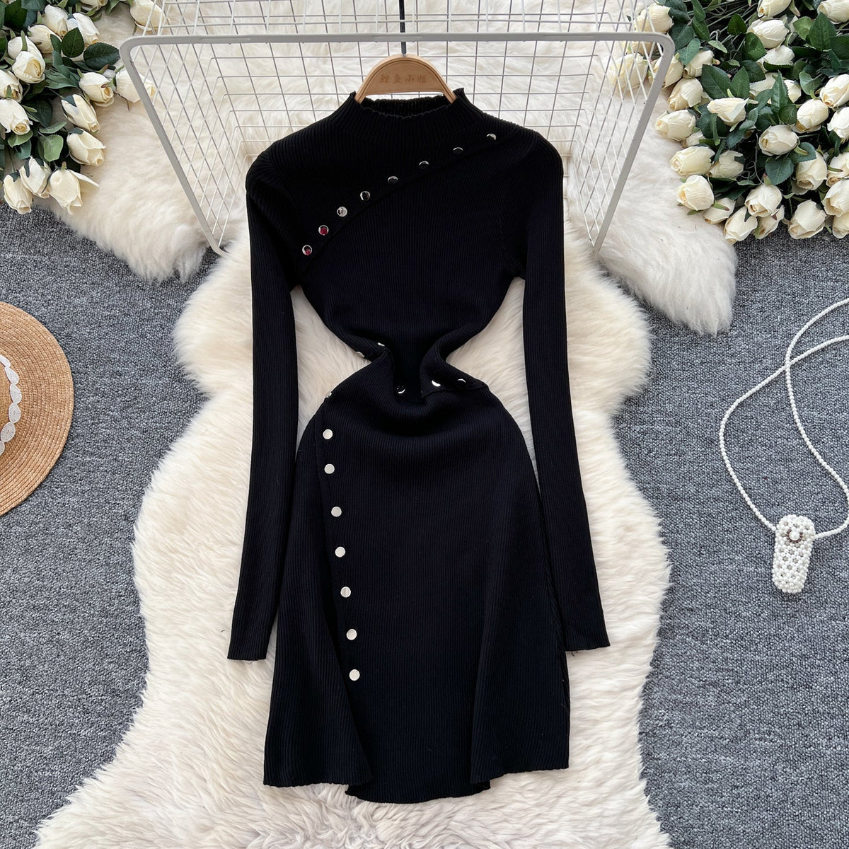 Half Turtleneck Metal Button Knitted Dress