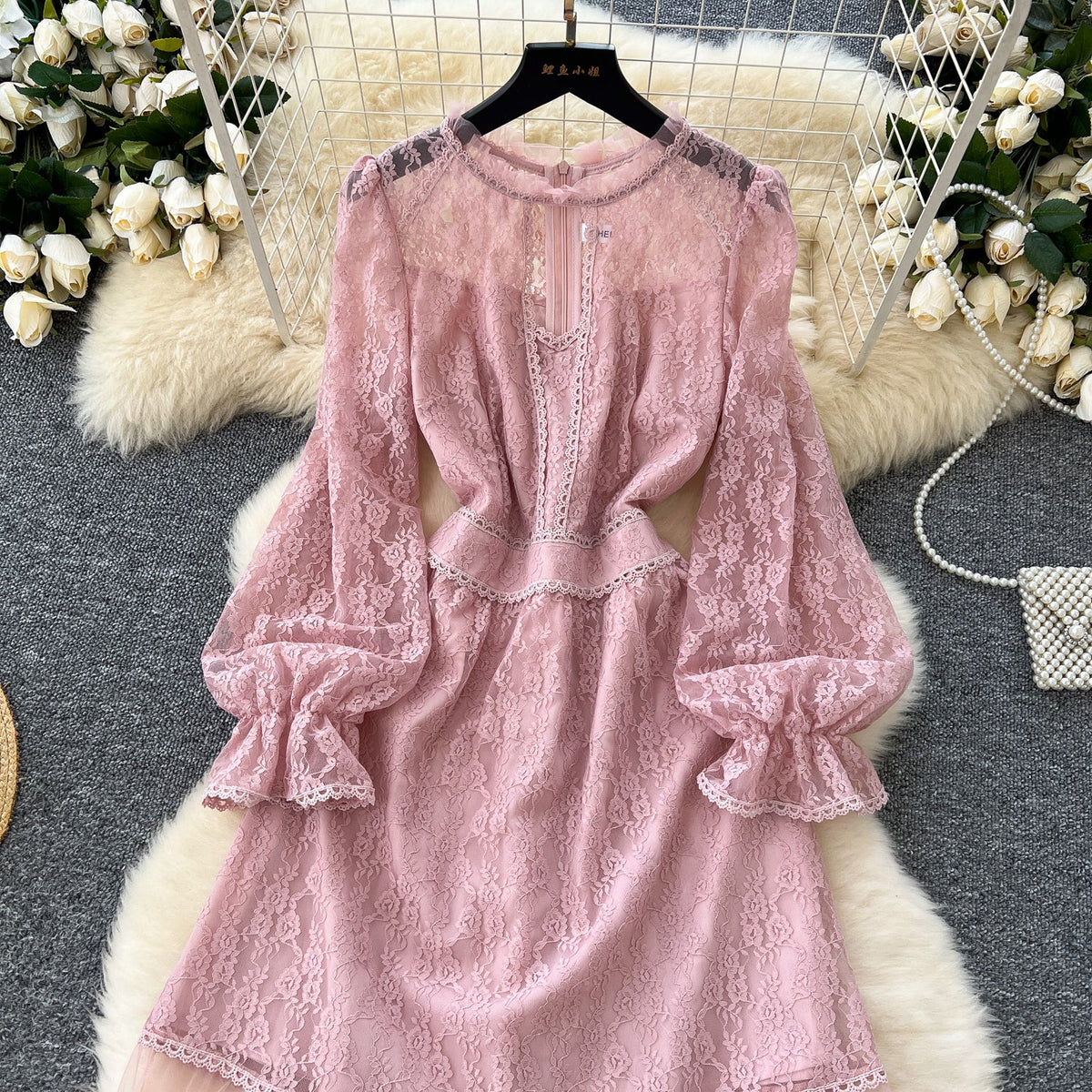 Embroidered Pink Lace Patchwork Dress
