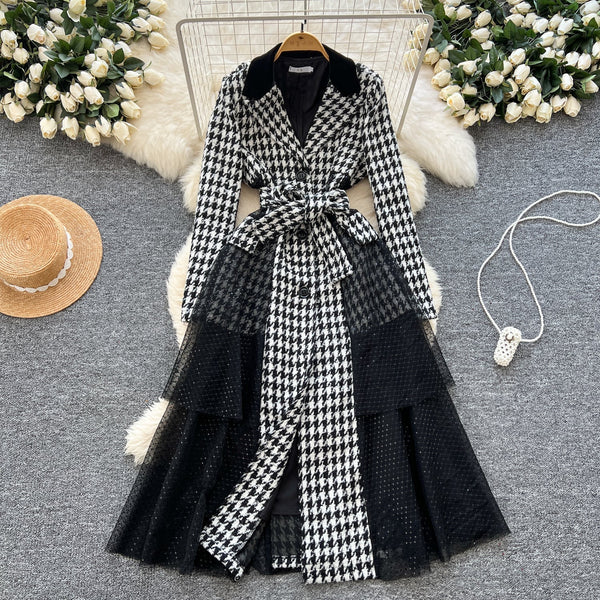 Vintage Houndstooth Mesh Patchwork Dress