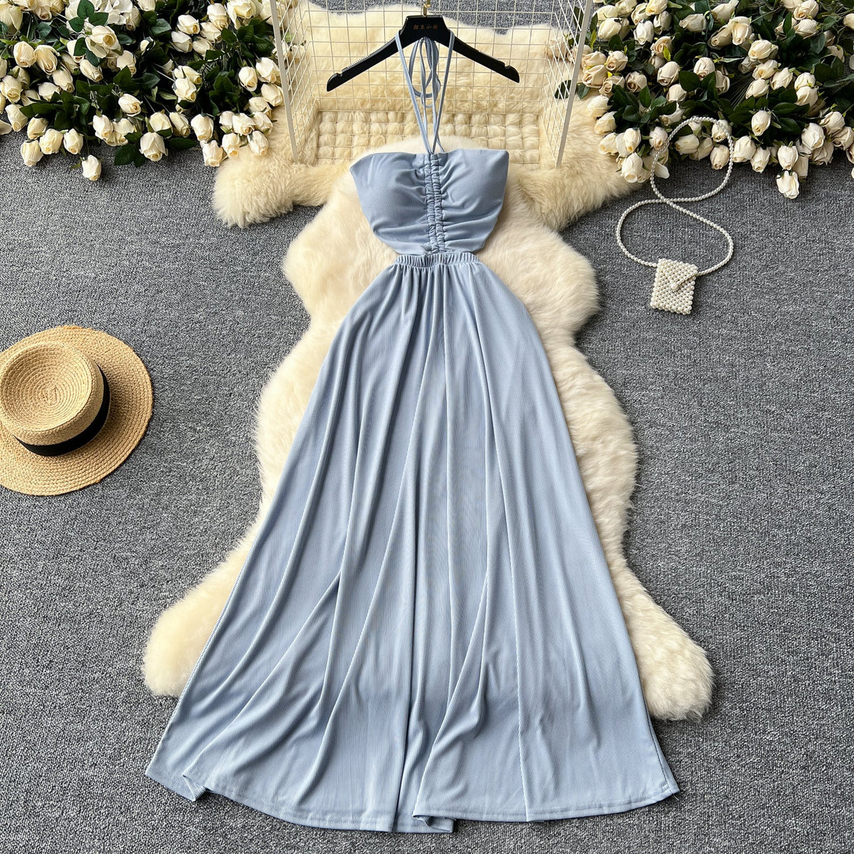 Hollowed Pleated Draped Halter Dress