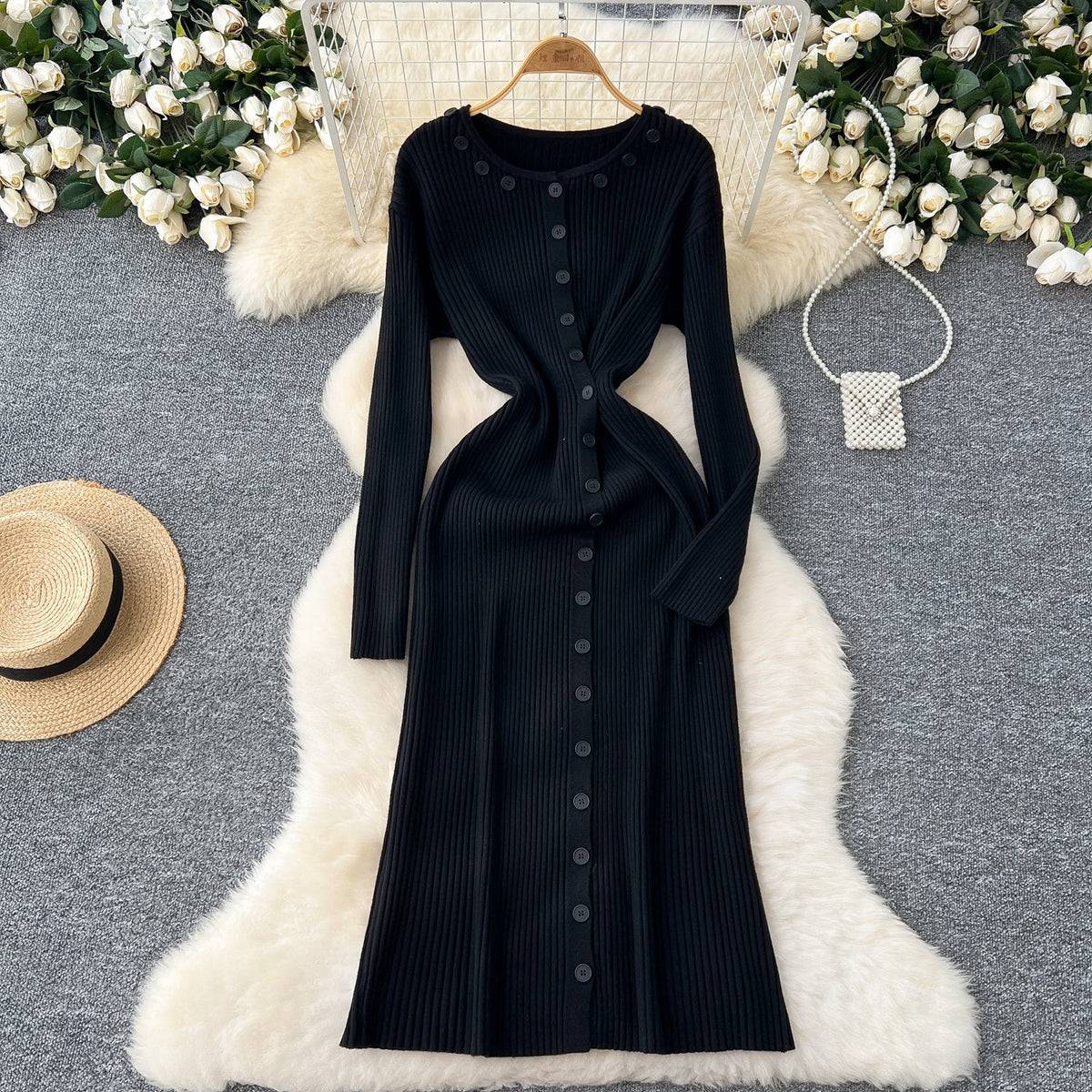 Round Collar Button Decorated Knitted Dress