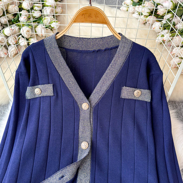 Cardigan&Vest Dress Color Blocking 2Pcs