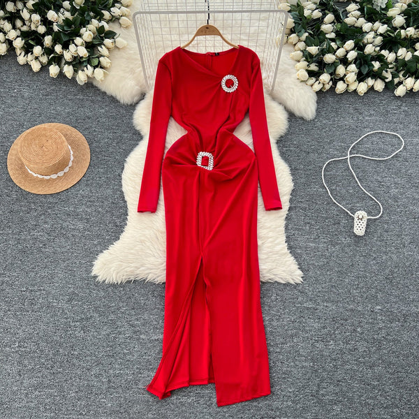 Slant Neckline Rhinestone Studded Party Dress