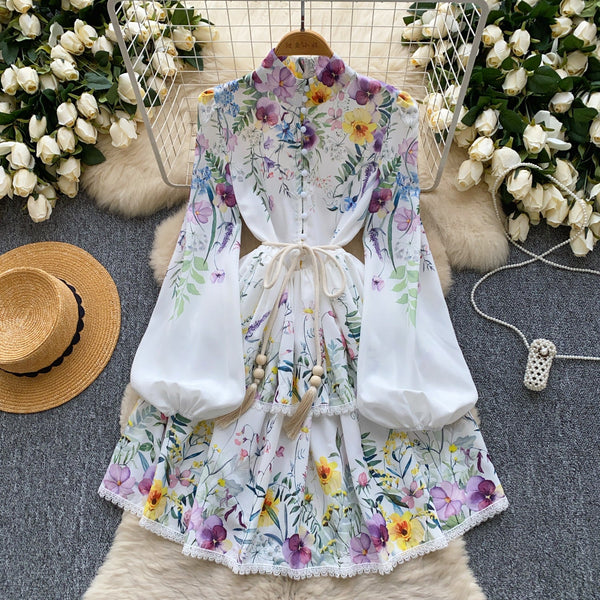 Stand Collar Floral Printed Shirt Dress