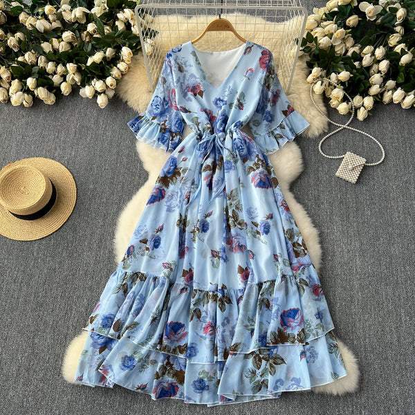 Vintage Lace-up Pleated Floral Dress