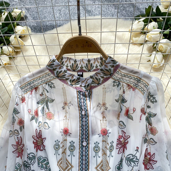 Vintage Stand Collar Floral Shirt Dress