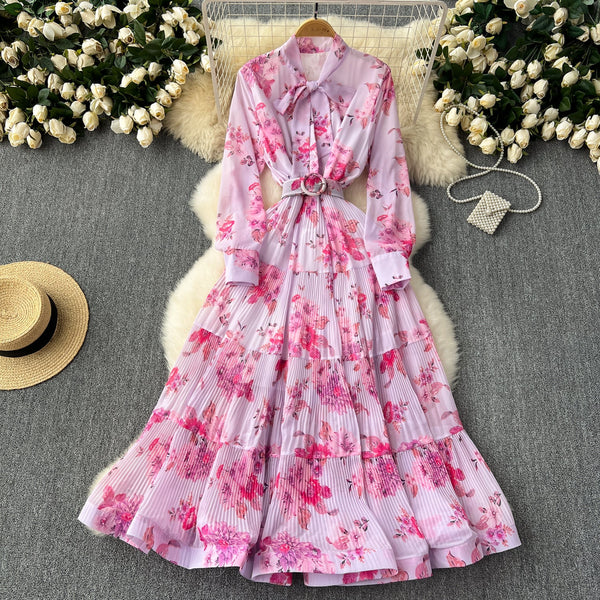 Elegant Pleated Floral Shirt Dress