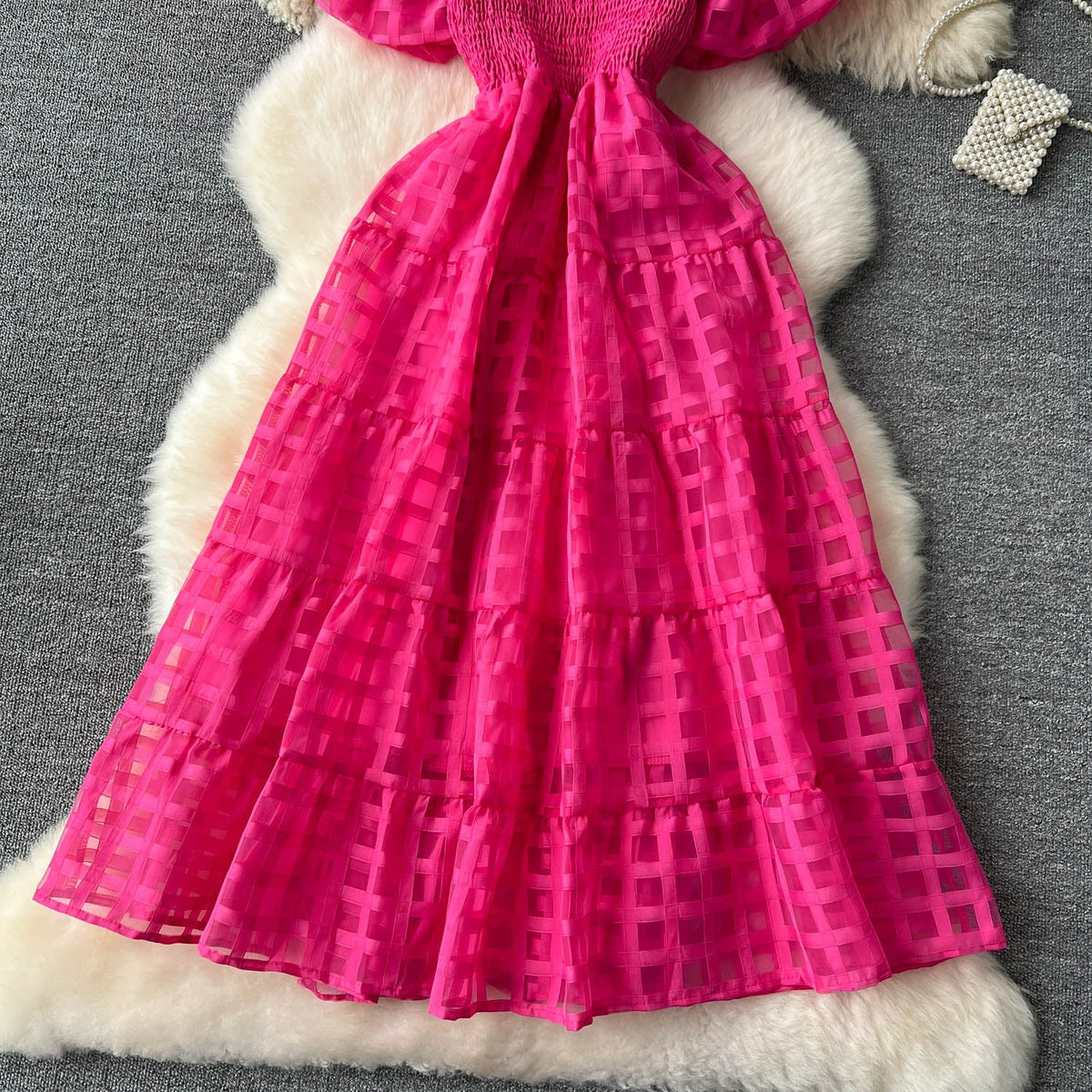 Solid Color Plaid Puffy Dress