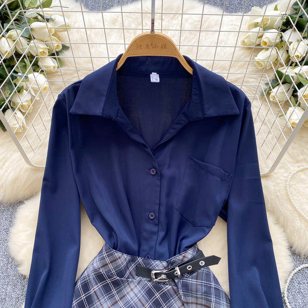 Polo Collar Patchwork Plaid Dress
