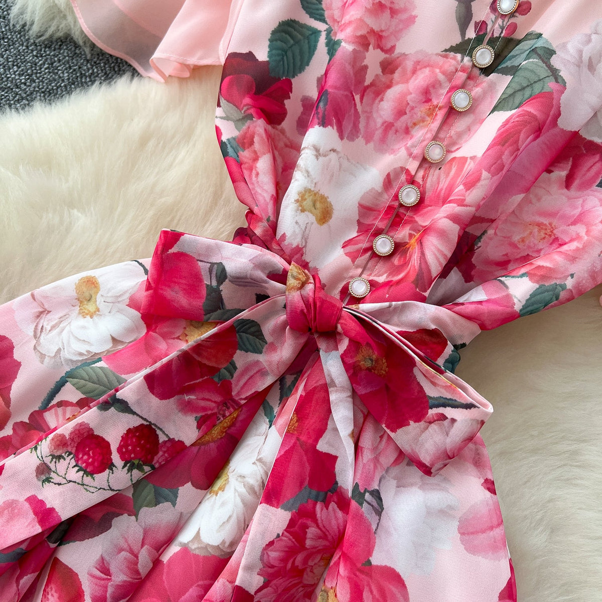Lace-up Floral Printed Chiffon Dress