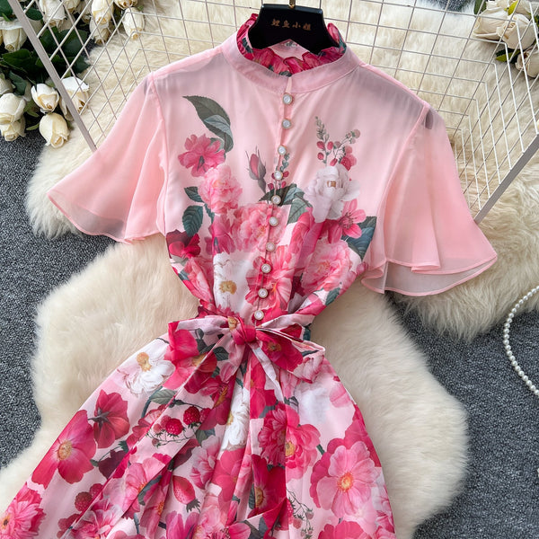 Lace-up Floral Printed Chiffon Dress