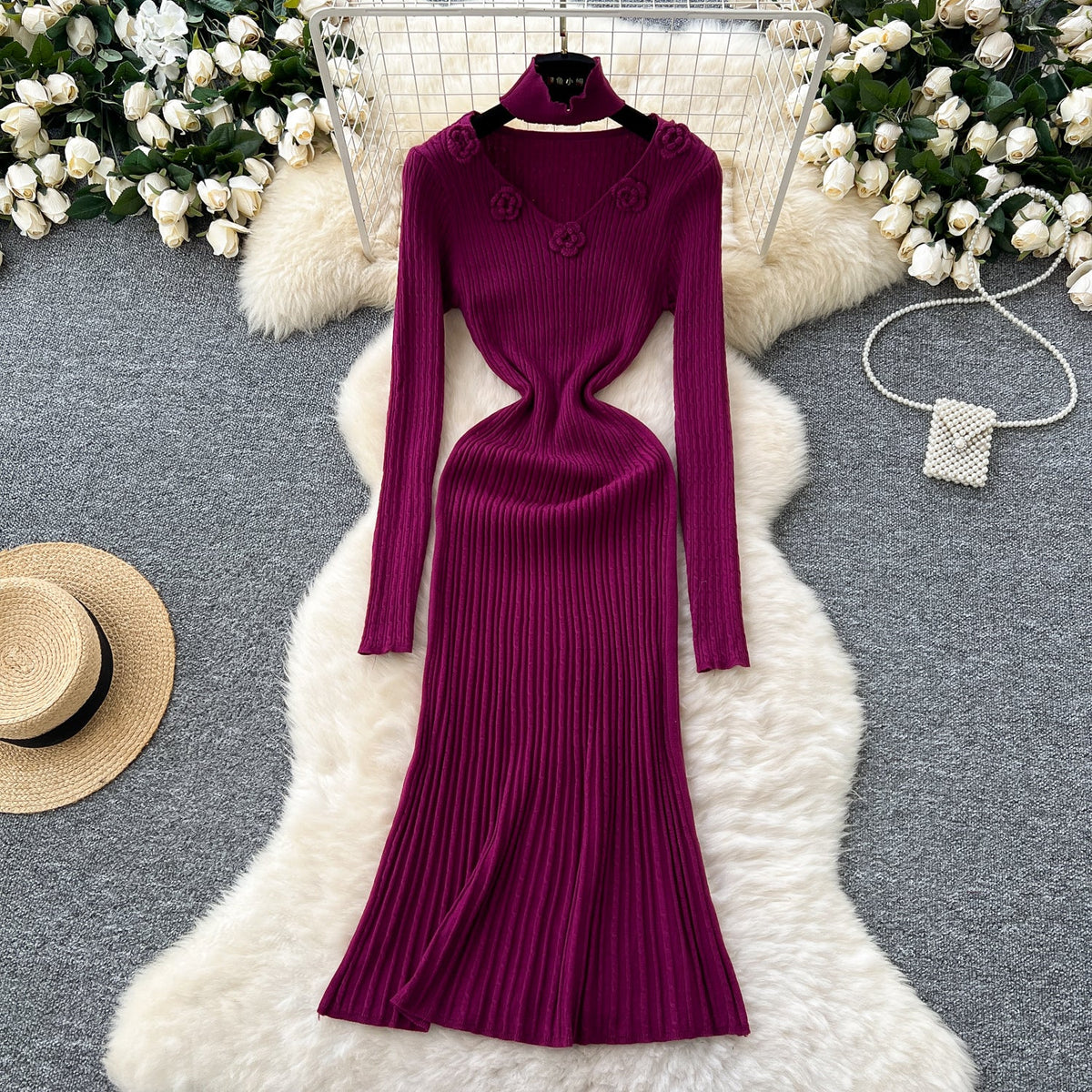 3d Flower Knitted Dress with Choker