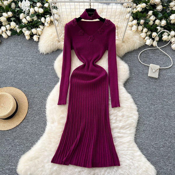 3d Flower Knitted Dress with Choker