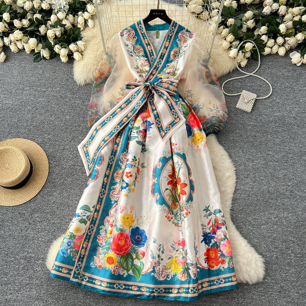 Courtly Lace-up Floral Printed Dress
