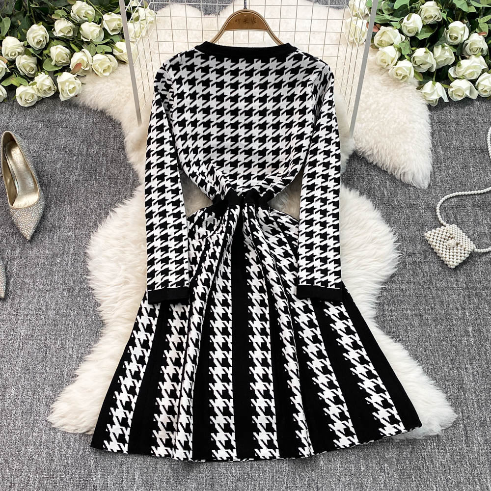 French Style Houndstooth Knitted Dress