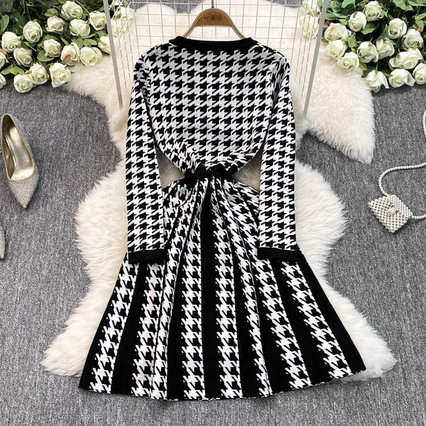 French Style Houndstooth Knitted Dress