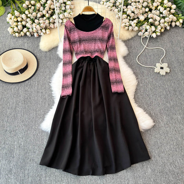 Striped Knitwear&Halter Dress 2Pcs