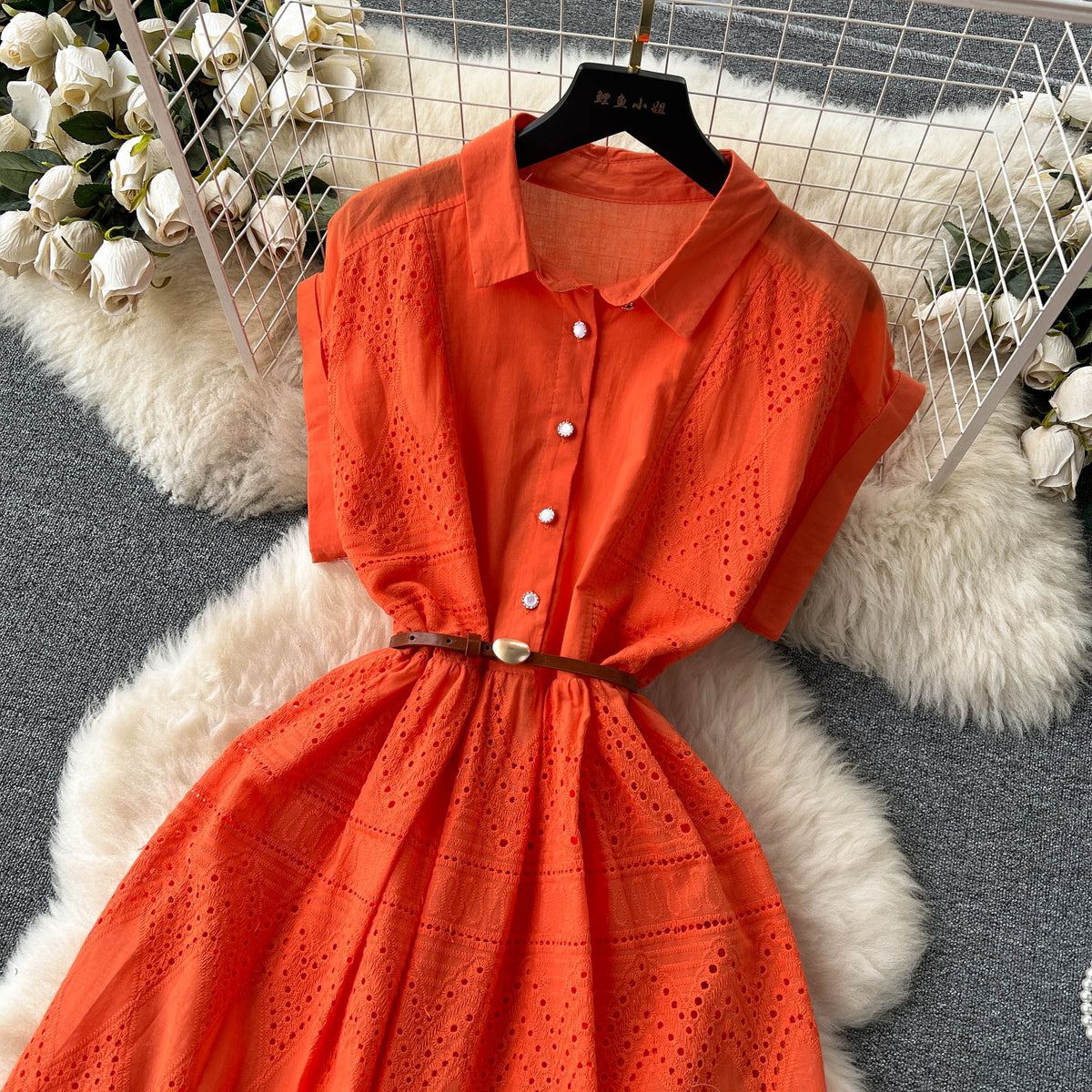 Niche Hollowed Patchwork Shirt Dress