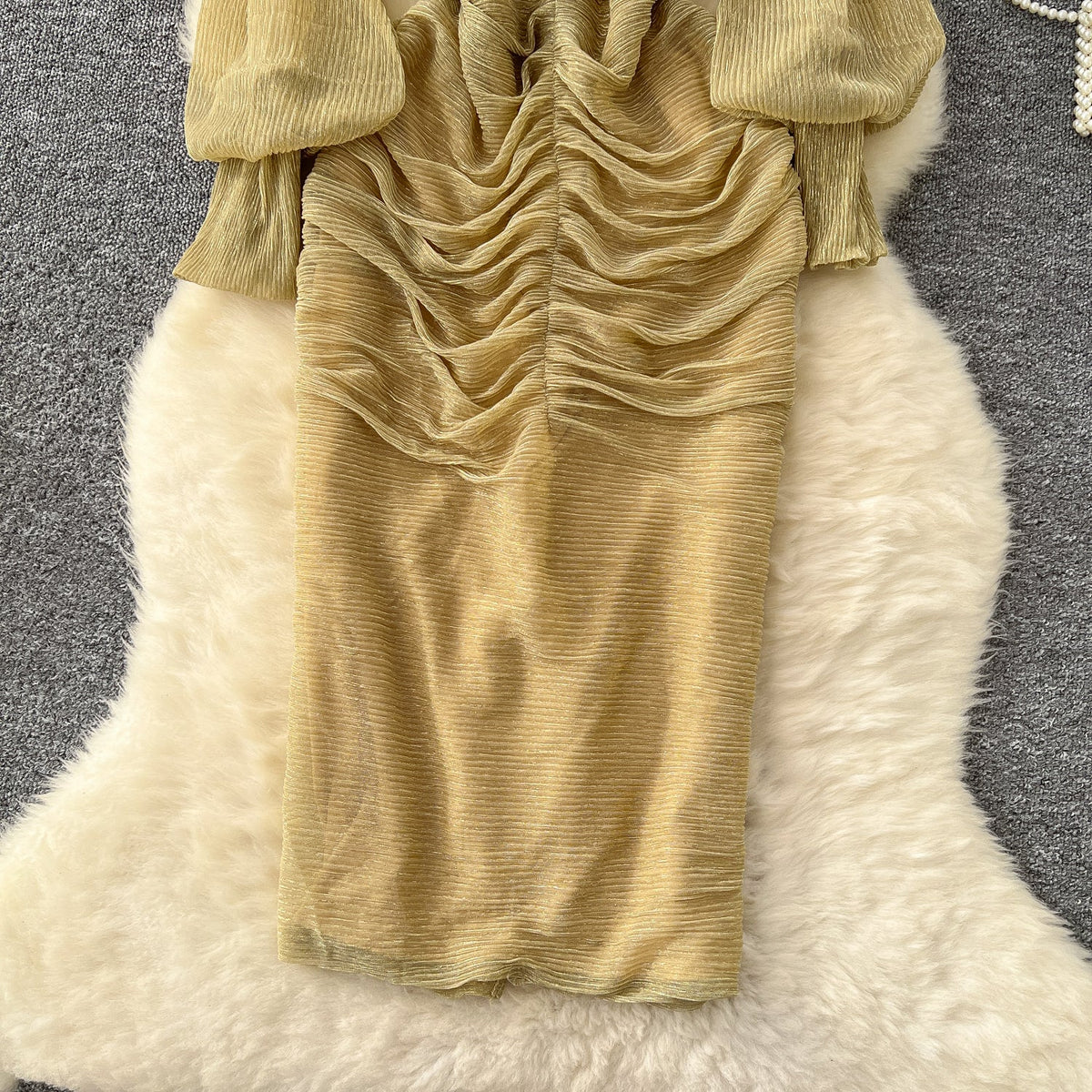 V-neck 3D Floral Ruffled Gold Dress