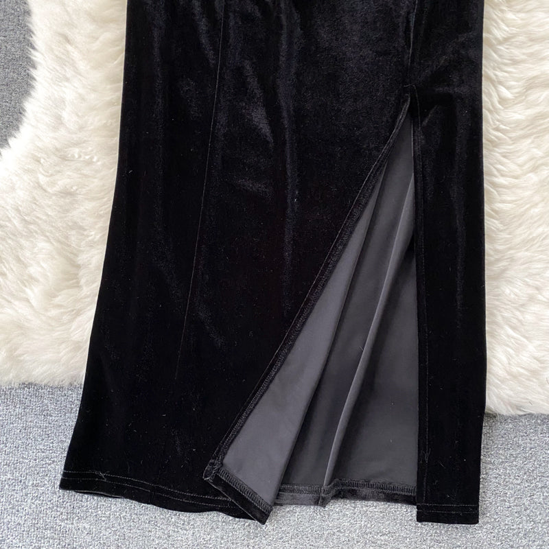 Furry Strap Black Velvet Dress