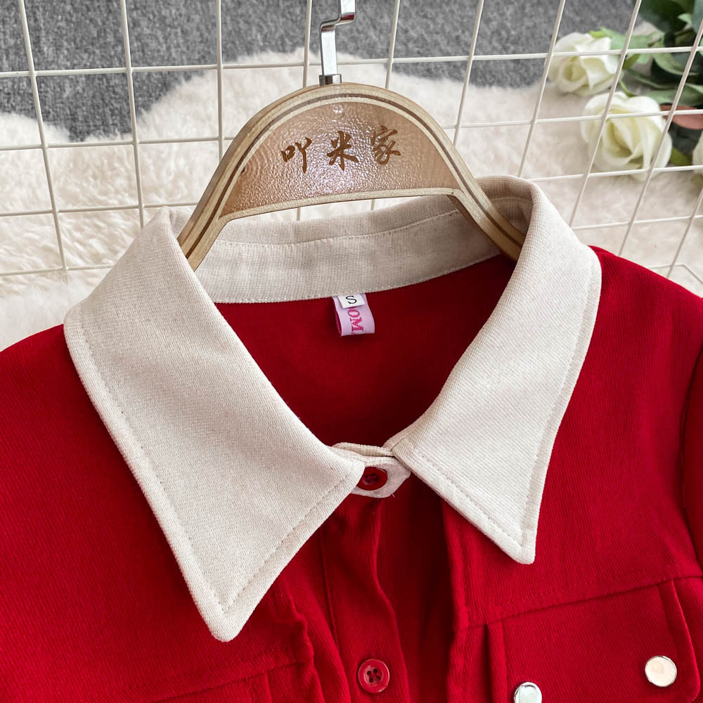 Faux Two-pieces Shirt Dress with Belt