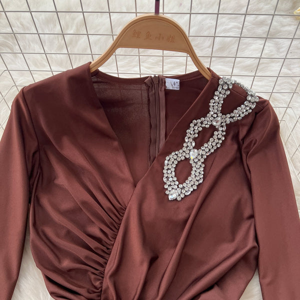 Premium V-neck Rhinestone Studded Dress